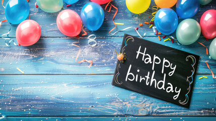 A festive scene featuring a vibrant happy birthday sign surrounded by balloons and streamers, creating a joyful and lively atmosphere