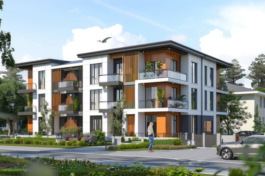 Architectural illustration of a modern two story apartment building with multiple windows, balconies, and a flat roof