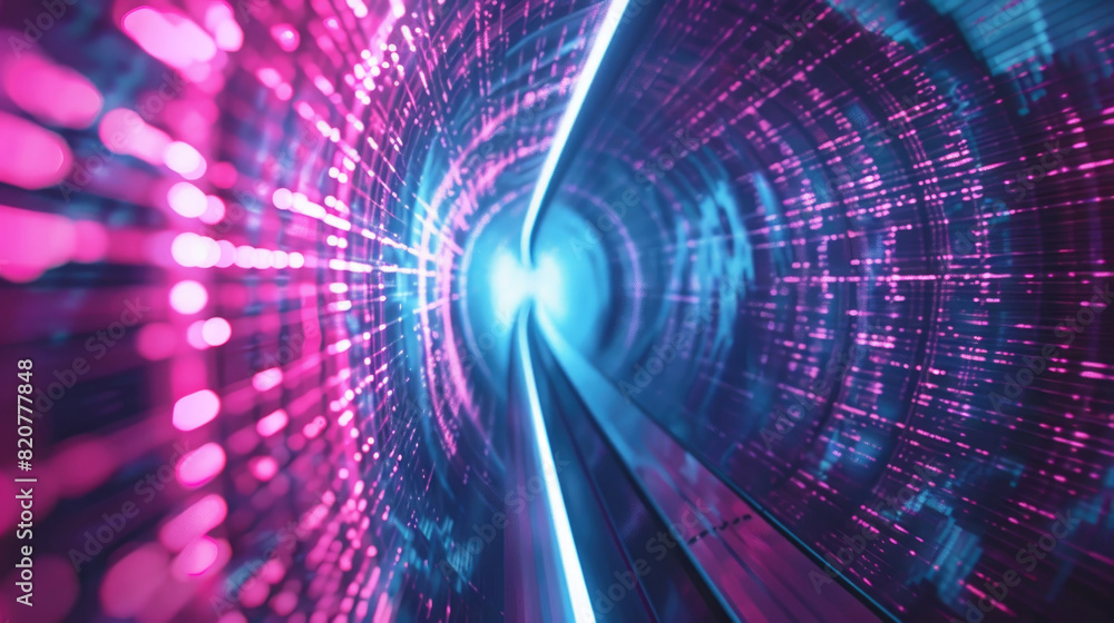 Poster a dazzling tunnel illuminated with dynamic blue and pink neon lights, creating futuristic digital pa
