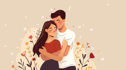 Happy young couple hugging on beige background Vector