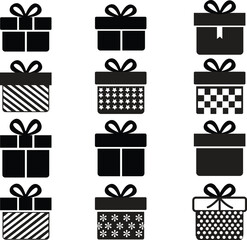 Set of Gift boxes with ribbon icons in Black Fill styles. Gift wrapping, Surprising gift boxes simple trendy symbols signs for mobile apps and websites designs isolated on transparent background.