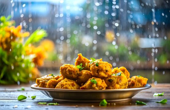 A plate of delicious Indian snack called pakora is served during rainy day