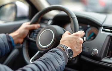 Hands gripping the steering wheel by the car driver