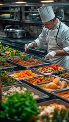 Chef in front of a fully stocked lunch serving station with trays filled with a variety of cuisine.