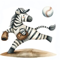 Fototapeta premium Cute cartoon zebra playing baseball. Zebra in baseball cap and glove catching a ball.