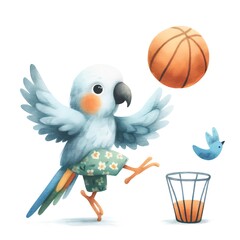 A blue parrot playing basketball.