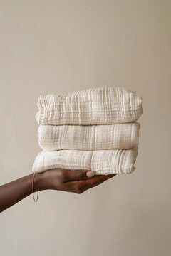 Woman's hand holding a stack of baby swaddle blankets, beige background
