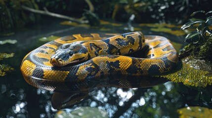 Fototapeta premium A yellow and black snake laying on top of a body of water. Suitable for nature and wildlife themes