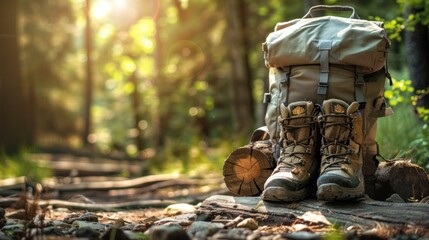 A pair of brown hiking boots and a backpack are on the ground in a forest