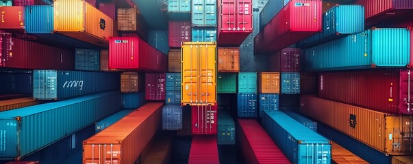 Obraz premium Colorful stacked shipping containers create a vibrant, geometric pattern, ideal for illustrating global trade, logistics, and transportation themes.