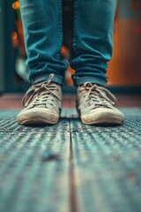 Close up of person's shoes on floor. Suitable for fashion or lifestyle concepts