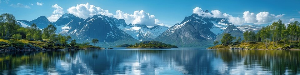 Fototapeta premium Breathtaking panoramic view of a serene lake surrounded by towering snow-capped mountains and lush greenery under a bright blue sky.