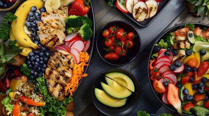 A Variety of Delicious and Nutritious Diet-Friendly Meals: Fruit Salad, Grilled Chicken with Veggies, and Fresh Salad Bowl