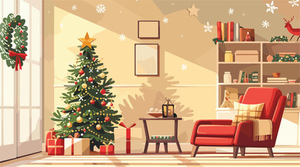 Interior of light living room with Christmas tree 