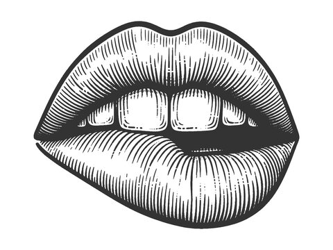 Girl bites her lip sketch engraving generative ai fictional character raster illustration. Scratch board imitation. Black and white image.