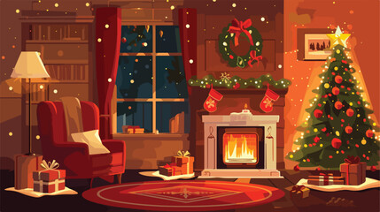 Interior of room with fireplace decorated for Christmas