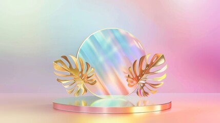 Modern realistic illustration of glossy beauty product display, award pedestal mockup with color gradient. 3D holographic platform with round glass morphism panel background.