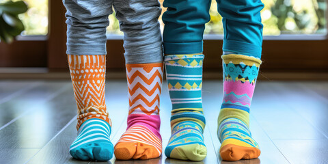 Baby feet in different socks with different patterns. Creative concept for a children's clothing store.