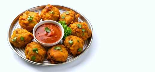 A plate of delicious Indian snack called pakora is served along with a bowl of sauce on white background