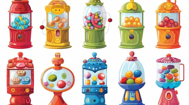 Red, blue, green, and yellow retro vending machine cartoon set on white background filled with bubblegum, sweets, gumballs, and chewing gum.