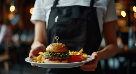 Close up of waitress holding tray with burger and fries in restaurant, closeup on the plate - Powered by Adobe