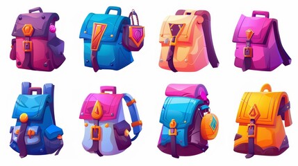 Kids schoolbags isolated on white background. Modern cartoon illustration of colorful textile backpacks with pockets and badges. Collection of travel rucksacks. Tourism adventure gear.