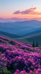 Fototapeta premium A field filled with purple flowers stretches out towards majestic Carpathian mountains in Ukraine