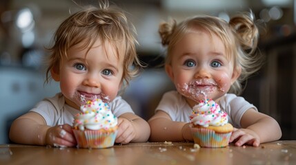 Children are having a party, enjoying with cupcakes and great fun.