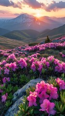 Fototapeta premium A field filled with pink flowers stretches out towards majestic Carpathian mountains in the background