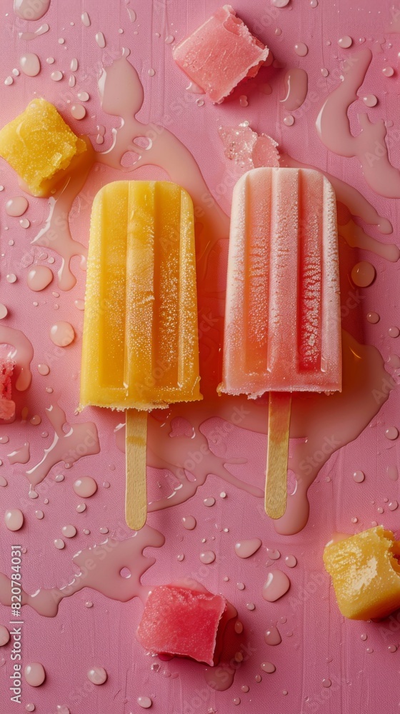 Wall mural A couple of vibrant popsicles laying on top of a pastel pink surface