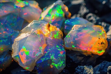 Obraz premium Opalite crystals sitting on a pile of rocks, perfect for nature and crystal healing themes