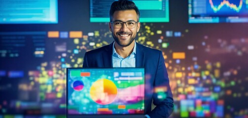 A vibrant image depicts a businessman with full body!, small smiling, defocus,  standing behind a fully transparent computer screen and looking directly to the camera, rich with diverse business data