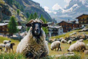 Fototapeta premium A peaceful scene of a sheep in a field with a majestic mountain in the background. Suitable for nature and rural themes