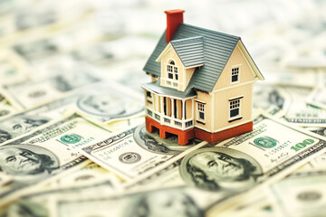 A House model on dollar bills, Home loan rate, Home insurance, Real estate investment or the financial value of property concept.