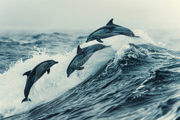 Dolphins leaping out of the water near an ocean wave.