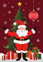 a cartoon santa claus standing in front of a christmas tree
