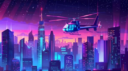 Modern cartoon illustration depicting a night cityscape with skyscrapers and helicopters on top. Illustration of modern city illumination, tall buildings with many windows, and stars shining in the