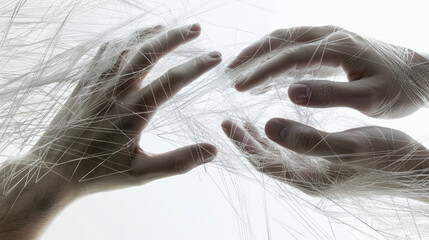Photo shows hands weaving strings together, forming an intricate web. Metaphor of various connections between people through communication, help, love, care