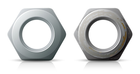 Vector illustration of two big metallic nuts with rust texture and shadows, isolated on white background