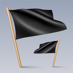 Vector illustration of two 3D-looking black color flag icons with wooden sticks, isolated on grey background. Created using gradient meshes, EPS 10 vector