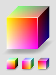 Vector color cube with yellow and magenta gradients, representing a part of RGB color space. 4 different views