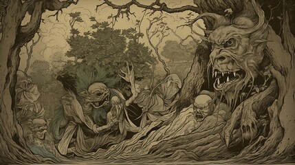 Digital illustration of a traditional Japanese youkai supernatural entity in a fairy tale setting