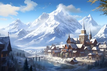 Design a scene showcasing a snow-covered castle atop a mountain peak
