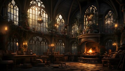 Interior of a medieval church with a fireplace, 3d render