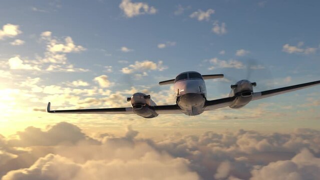 Small plane in the sky above the cluds in the sunset
