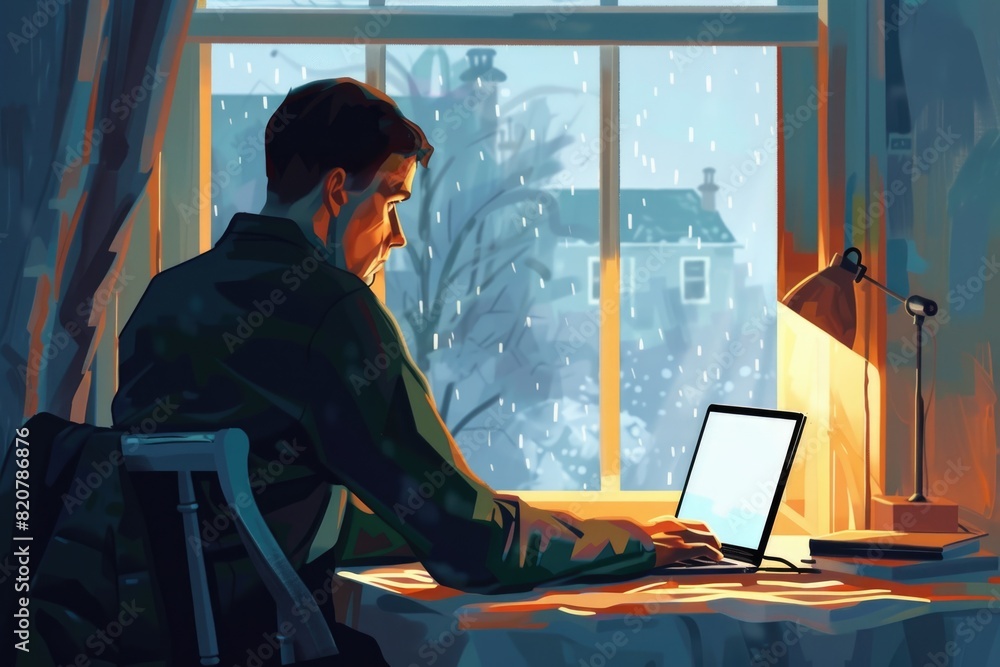 Poster man sitting at table using laptop, suitable for technology concepts