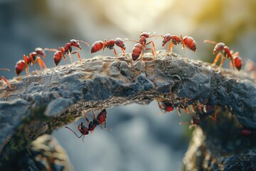 Group of ants walking on a branch. Suitable for educational materials
