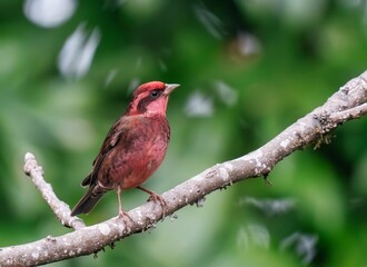 Dark-breasted rosefinch perched atop a green-leafed branch of a tree.