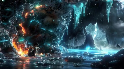 Fototapeta premium An Ice Age artist painting on the walls of a cave illuminated by torchlight