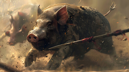 Ferocious Charge: A Determined Pig Charging into Battle with a Spear, Eyes Glinting with Ferocity.